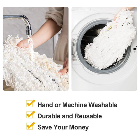 36 Inch Microfiber Mop Pads Two Pack For Commercial Dust Mop Replacement Fits 35.5 By 4.5 Inch Mop Heads Built To Last Durable Oxford And Polyester Yarn For Strong Absorbency And Tear Resistant Performance Green, shown being washed by hand and in a washing machine.