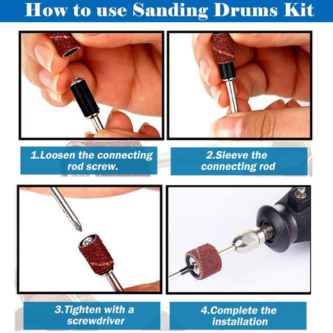 Sanding drum kit for Dremel tools with 138 aluminum oxide sleeves and 12 drum mandrels; instructional assembly collage