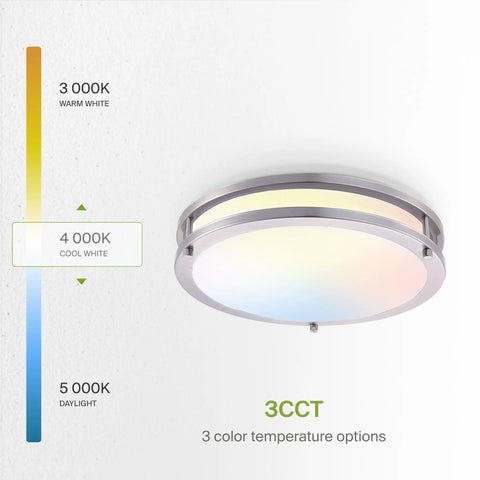 Energy Efficient 18 Inch Round Flush Mount Ceiling Light with 3 CCT LED, nickel finish, showing 3000K to 5000K options