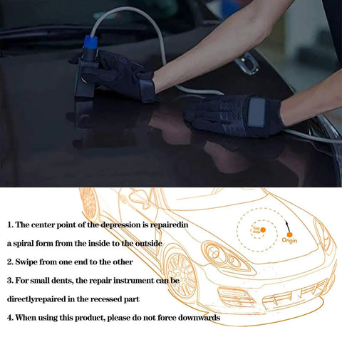 Person using Paintless Dent Repair Tool Kit 1000W PDR Machine on car hood with diagram instructions visible