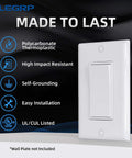 4 Way Decorator Light Switch Upgrade, 15 Amp, 120 To 277 Volt AC, Decorator Rocker Paddle Wall Switch Replacement, Self Grounding, Residential And Commercial Grade, UL Listed, Glossy White, 5 Pack. Front view showing features like polycarbonate thermoplastic and high impact resistance.