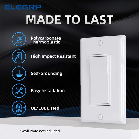 4 Way Decorator Light Switch Upgrade, 15 Amp, 120 To 277 Volt AC, Decorator Rocker Paddle Wall Switch Replacement, Self Grounding, Residential And Commercial Grade, UL Listed, Glossy White, 5 Pack. Front view showing features like polycarbonate thermoplastic and high impact resistance.
