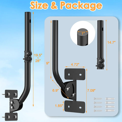 Heavy Duty Antenna Mount Pole For Outdoor Use With 180 Degree Pivot Base 1 Inch Diameter And 19.5 To 28 Inch Adjustable Length Tool Free J Pipe Bracket shown with dimensions and accessories