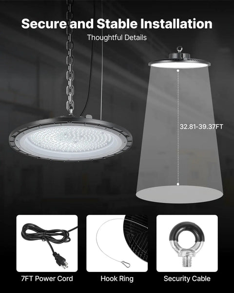 Six Pack UFO LED High Bay Lights With 36000 Lumens Of Brightness, 250W, 5000K Color Temperature, IP65 Waterproof, installation view