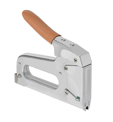 Side view of Heavy Duty Staple Gun For Low Voltage Cables And Wires Up To 1/4-Inch Diameter Pro Grade with brown handle