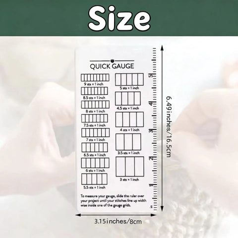 Super Crisp Acrylic Gauge Ruler For Knitting And Crochet No Sweat Stitch Measurement Guide With Transparent Grid layout with sizes displayed.