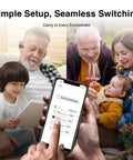 Senior wearing F1P Bluetooth OTC Hearing Aids with AI Voice Enhancement and Personal Sound App shown on smartphone screen.