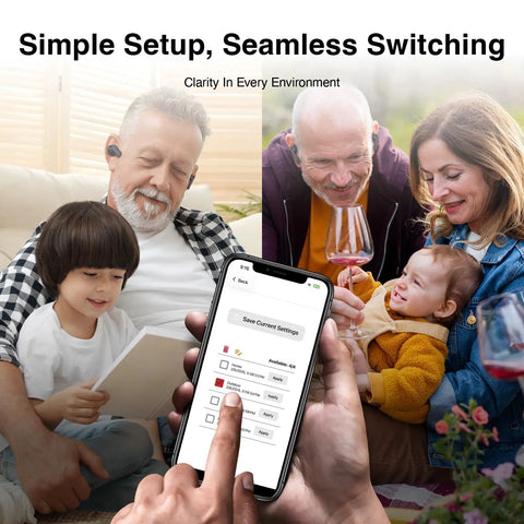 Senior wearing F1P Bluetooth OTC Hearing Aids with AI Voice Enhancement and Personal Sound App shown on smartphone screen.