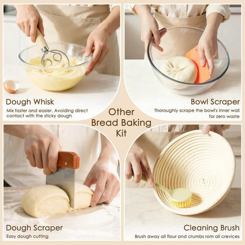 Beginner Friendly Sourdough Starter Kit With Round And Oval Banneton Baskets, 13 Piece Bread Making Tools Set image showing bread tools.