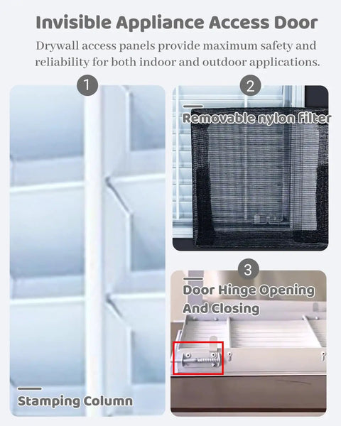 Premium Vented Access Panel Featuring Louvered Ceiling Hatch With Smooth Aluminum Grille For Attic Plumbing Inspection with removable filter and hinge details.