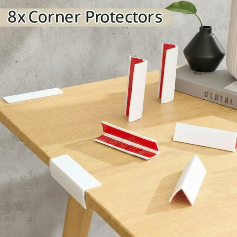 Baseboard Corner Blocks Self Adhesive Rubber Safety Protectors for Walls and Furniture Edge Guard Cushions White 8 Pieces displayed on table