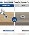 Comparison of 410 Grade Stainless Steel Deck Screws 150 Pack With T20 Star Drive showing flush fit vs protrusion in wood.
