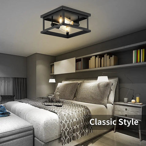 Two Light Flush Mount Ceiling Light Fixture For Farmhouse Industrial Vintage Style in bedroom with modern cozy decor