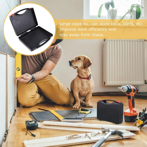 Badass Portable PP Plastic Toolbox Featuring Bulletproof Shock Resistant Shell And Ergonomic Carry Handle For Organizing Power Tools Hand Gear And Hardware Needs And Spare Parts Today next to a person working with tools.