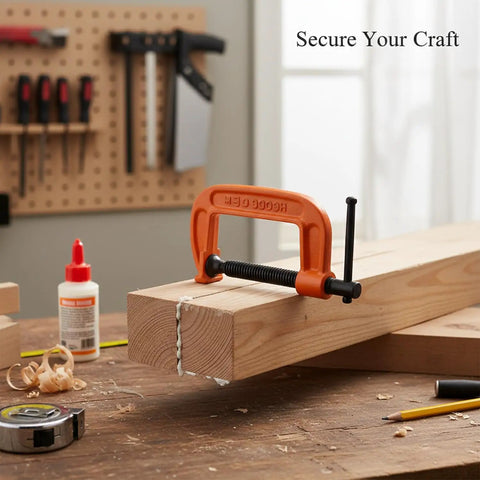 Heavy Duty Iron G Clamp With Massive 3 Inch Jaw holding two wooden pieces together on a workbench for woodworking projects.
