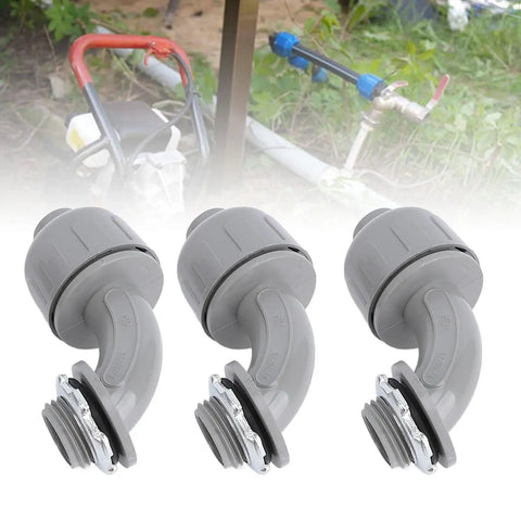 10 Pack Tough 1 Inch NPT Liquid Tight Flex Conduit Connectors 90 Degree Elbow Non Metallic Electrical Cord Grip Adapters in grey.