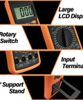 Handheld Digital Multimeter With Three And A Half Digit Display For DIY And Pros showing LCD, rotary switch, input terminal, stand.