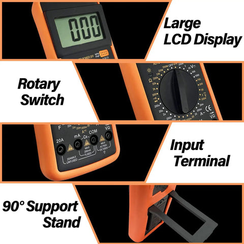 Handheld Digital Multimeter With Three And A Half Digit Display For DIY And Pros showing LCD, rotary switch, input terminal, stand.