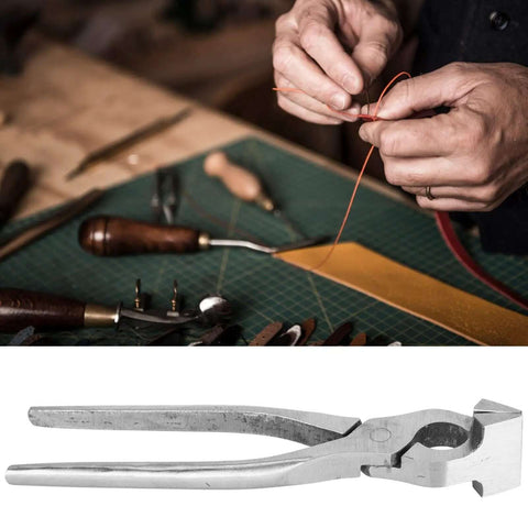 Flat Pliers Hand Seamer For Sheet Metal Straight Jaw Bender Tool shown with leather crafting tools in a workshop setting