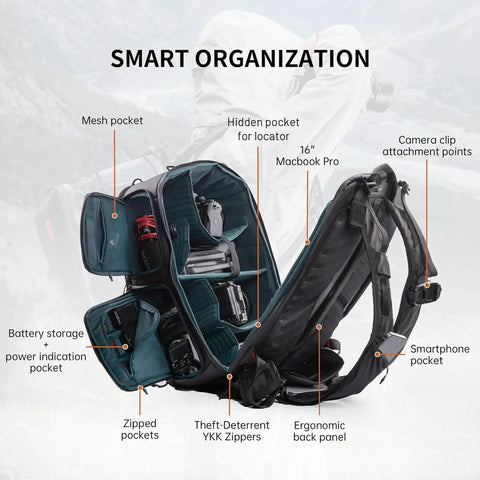 Open OneMo 2 35L To 45L Camera Backpack With Expandable Storage For 17 Inch Laptop showing smart organization features and pockets.