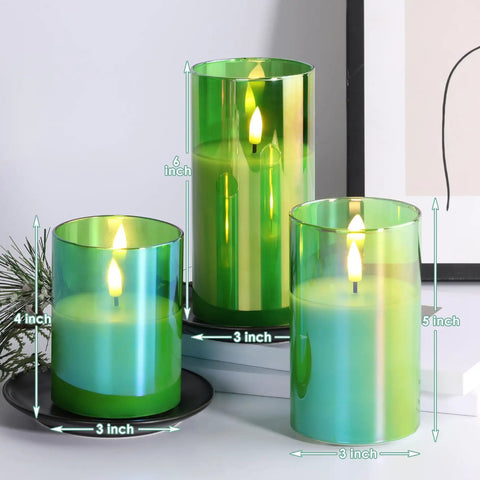 Set of 3 Green Glass Flameless Pillar Candles With Remote Control Realistic Flicker Battery Led Candles For Spring Holiday Decor