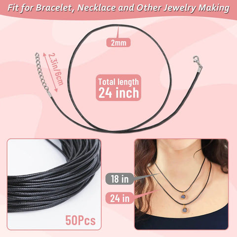 Black Waxed Cotton Necklace Cords 24 Inch With Clasps Bulk 50 Pieces For Jewelry Making Beading Charms Pendants Bracelets DIY Craft