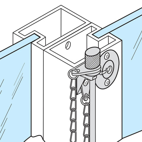 Diagram showing installation of Sliding Patio Door Lock Pin 3/16 x 2-5/8 Inches, Steel Pin With Retaining Ring, Chrome Plated Finish