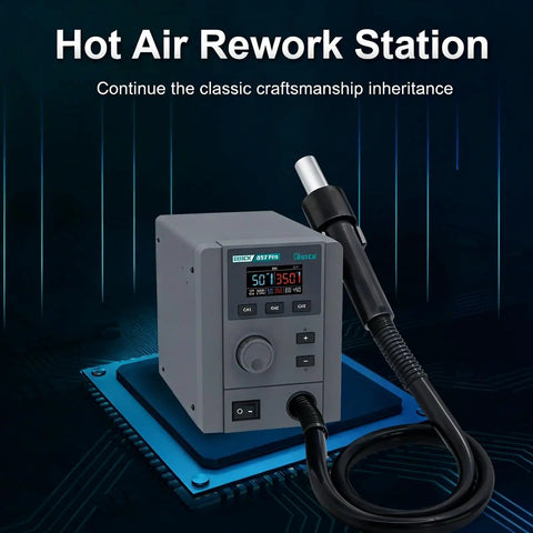 Pro Grade High Power 580W Digital Hot Air Rework Station With LCD Display and stepless fan speed for precise phone PCB repair soldering.