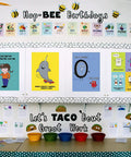 Bold Black Punchout Alphabet And Number Letters For Classroom Decor And Homeschooling Displays Groovy Retro 1949 Style bulletin board in colorful classroom.