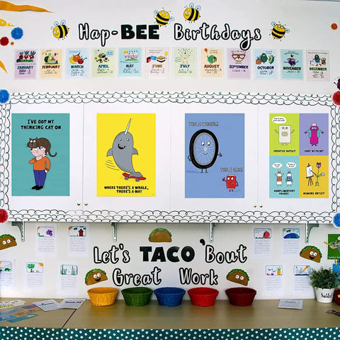 Bold Black Punchout Alphabet And Number Letters For Classroom Decor And Homeschooling Displays Groovy Retro 1949 Style bulletin board in colorful classroom.