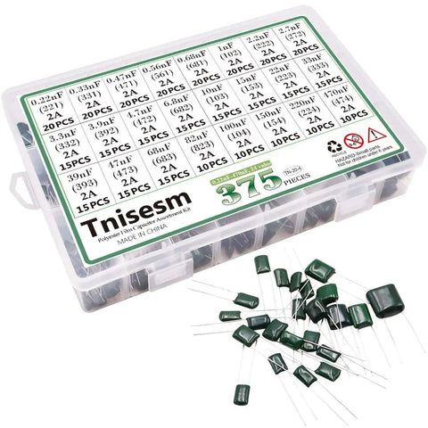 Assortment Kit Of Metalized Mylar Polyester Film Capacitors, 375 Pcs, 24 Values From 0.22nF To 470nF, 100V DC, In A Box