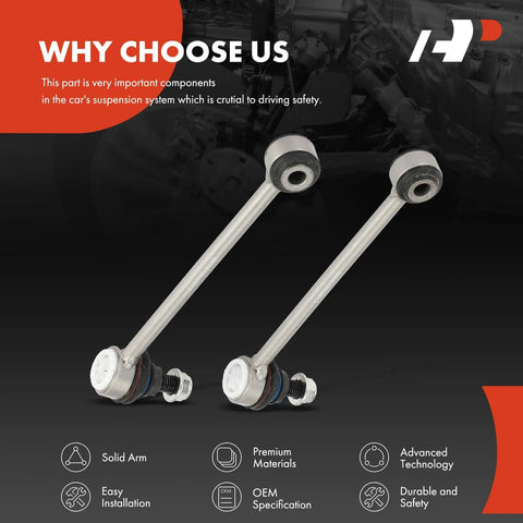 BMW Two Pack Rear Sway Bar Links Stabilizer Links for 1 Series and 3 Series models shown with installation features and benefits.
