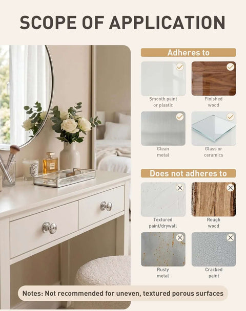 Scope of application for Six Pack Peel And Stick Cabinet Knobs With Adhesive Silver Plastic Drawer Handles showing adheres to surfaces.