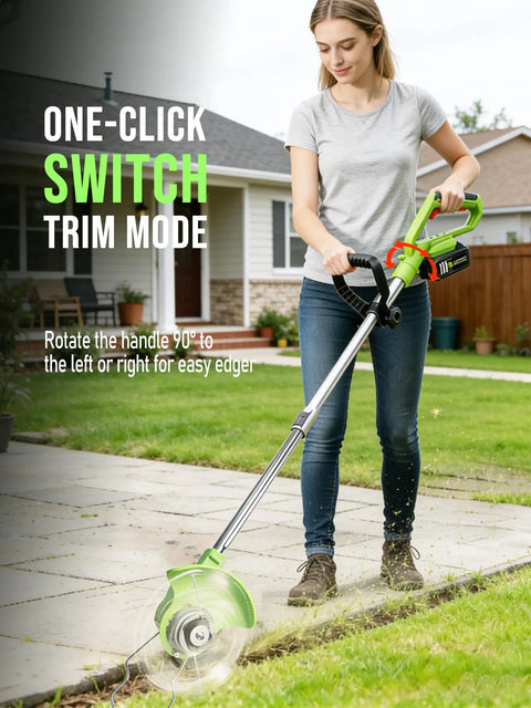 Woman using Cordless 21V Weed Wacker With Dual Batteries And Charger 3 In 1 Metal Blade Trimmer Edger And Brush Cutter Powerful 650W Electric Yard Tool for edging lawn with easy conversion handle.
