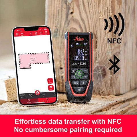 Disto D2G Laser Distance Meter For Pros With 390 Ft Range Green Beam Bluetooth NFC Data Transfer Smart Horizontal Add Subtract Volume 30 Measurement Memory Four Line Display Intelligent End Piece Hand Loop Pouch IP54 Indoor Use on phone app