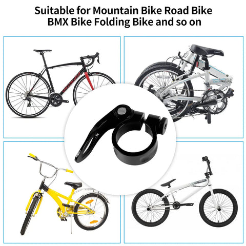 Aluminum Alloy Quick Release Bike Seat Clamp 34.9mm with various bike types.