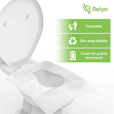 Flushable Toilet Seat Covers On The Go 50 Pack XL shown on toilet, highlighting flushable, biodegradable features for travel.