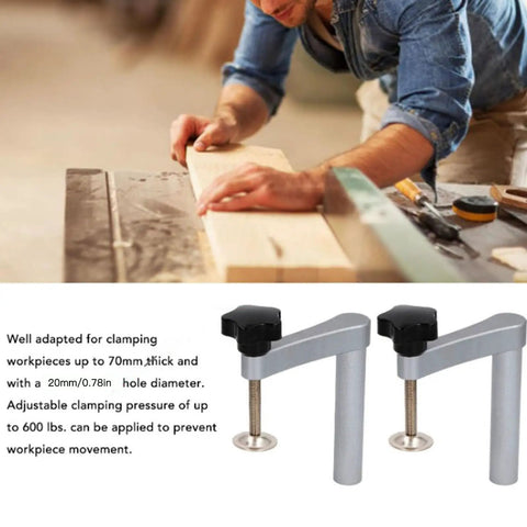 20mm Solid Hold Down Clamp With Hella Tough Grip And Fast Acting Gear Lock For Workbench Saw Holes in use, clamping wood pieces securely.