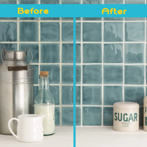 Before and after using Grout Renewal Pen White Kit For Tile Gaps, Two 20ml Pens With Replacement Nibs And Cleaning Brush