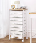 White rolling cart with eight drawers, wooden tabletop, and lockable wheels for organizing supplies in office, craft room, or living room.
