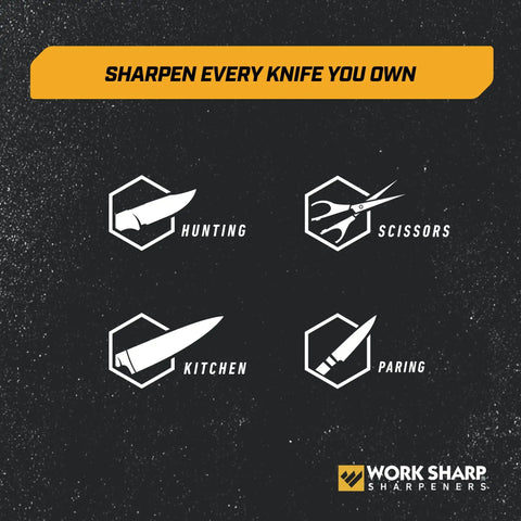 Sharpening graphic showing hunting knife, scissors, kitchen knife, and paring knife icons with Work Sharp logo