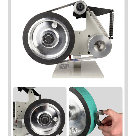 Heavy Duty Electric Belt Sander With Variable Speed Brushless Motor For Precision Knife Sharpening And 915X50MM Belt Size, close-up of grinding wheel.