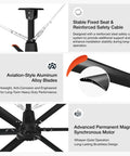 Beast Of A 192 Inch HVLS Ceiling Fan No Light For Large Spaces 16 Foot Giant Commercial HVLS Fan With 6 Aluminum Blades Delivers 353000 CFM Quiet DC Motor 120V Single Phase VFD Wall Control For Factory Workshop Gym, black fan blades and safety cable detail