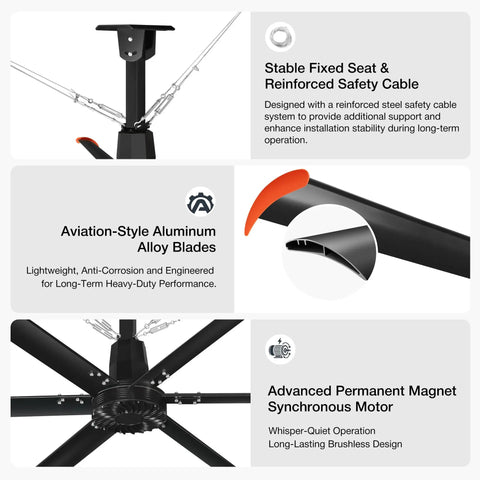 Beast Of A 192 Inch HVLS Ceiling Fan No Light For Large Spaces 16 Foot Giant Commercial HVLS Fan With 6 Aluminum Blades Delivers 353000 CFM Quiet DC Motor 120V Single Phase VFD Wall Control For Factory Workshop Gym, black fan blades and safety cable detail