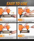 Instruction steps for Heavy Duty Pneumatic Concrete T Nailer For Truss Building And Hardwood, 14 Gauge ST64 Nail Gun usage.