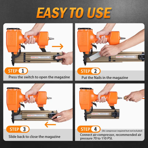 Instruction steps for Heavy Duty Pneumatic Concrete T Nailer For Truss Building And Hardwood, 14 Gauge ST64 Nail Gun usage.