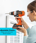 Person using Matrix 20V Max Drill Kit With Storage Case, Cordless Drill And Driver, 10 Position Adjustable Clutch, inside a room.