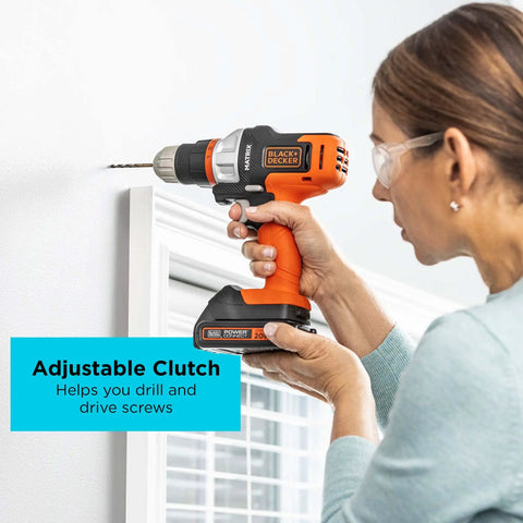 Person using Matrix 20V Max Drill Kit With Storage Case, Cordless Drill And Driver, 10 Position Adjustable Clutch, inside a room.