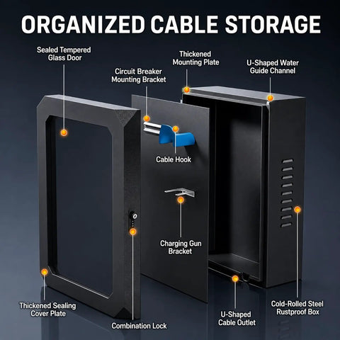 Heavy Duty Steel EV Charger Enclosure Weatherproof Outdoor Charging Station Box With Secure Keyless Combo Lock, features sealed glass door and cable storage.