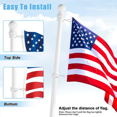 Top Shelf White Aluminum Flag Pole Rings With Grip Tight Clamps Two Pack No Sweat Antitwist Swivels For Slick 360 Degree Rotation And Hassle Free Patriotic Display installed on flag pole showing top and bottom clips.